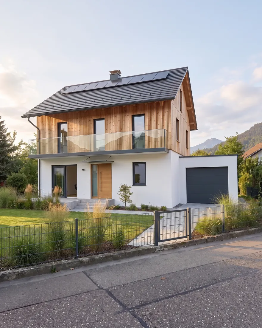 KI-Visualisierung: dasselbe Haus nach einer Sanierung mit weißer Fassade, Lärchenholz, Glasbalkon und neuem Garten
