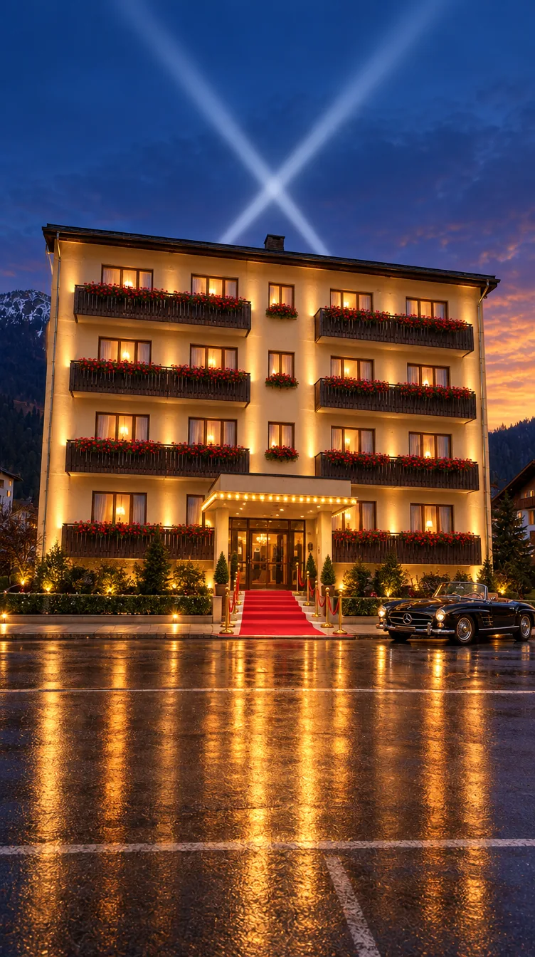 Nachher: dasselbe Hotel als KI-Szene bei Nacht
