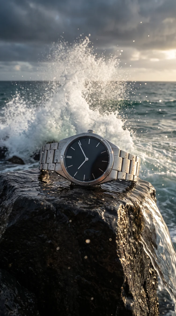 Nachher: KI-Produktbild derselben Uhr auf einem Felsen im Meer, Gischt dahinter